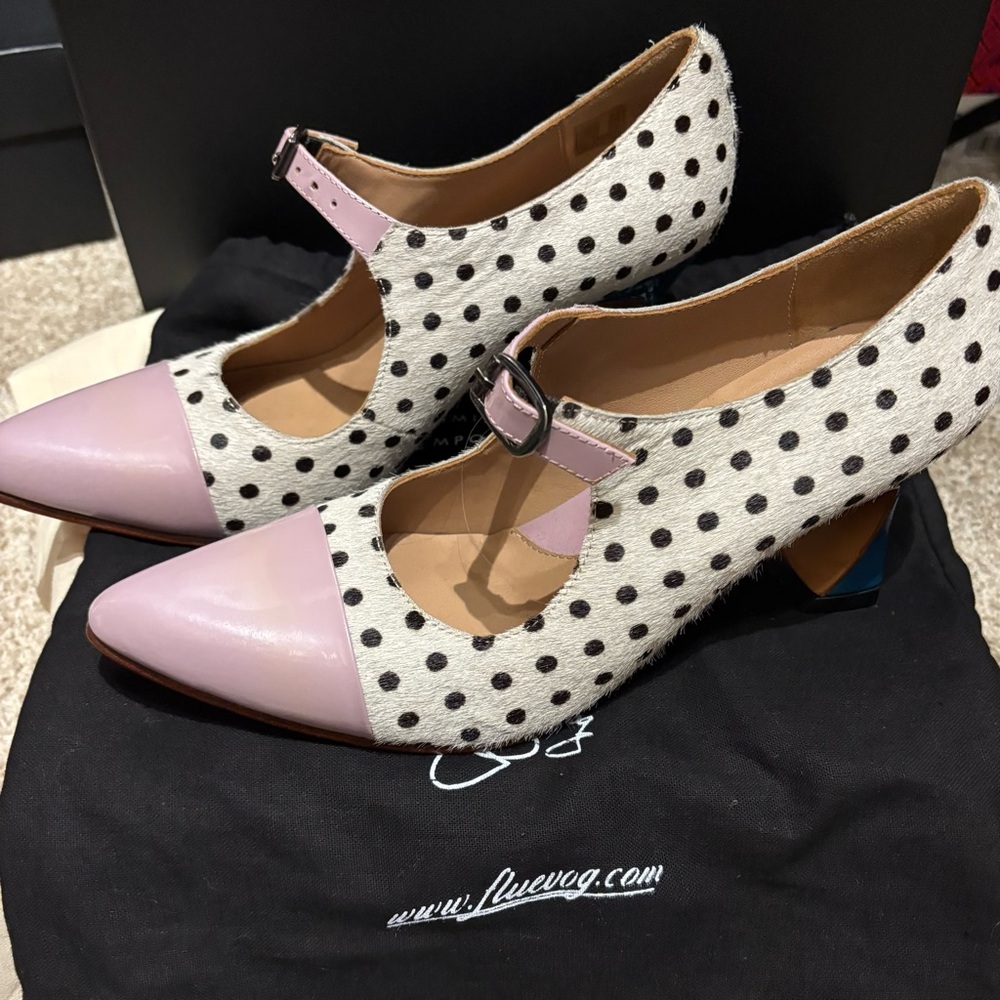 Fluevog Malala Mary Jane  Pink and Black Polka Dot Shoes